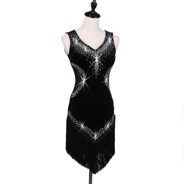 Black latin dance dress with rhinestone spray bodice, sheer mesh waist and fringe hem