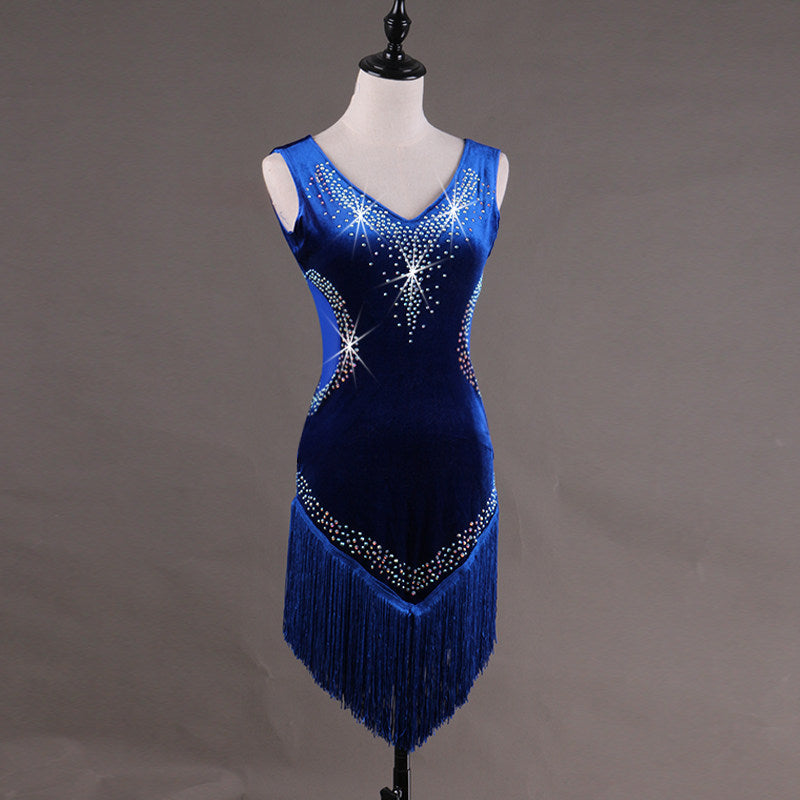 Blue latin dance dress with rhinestone spray bodice and fringe hem