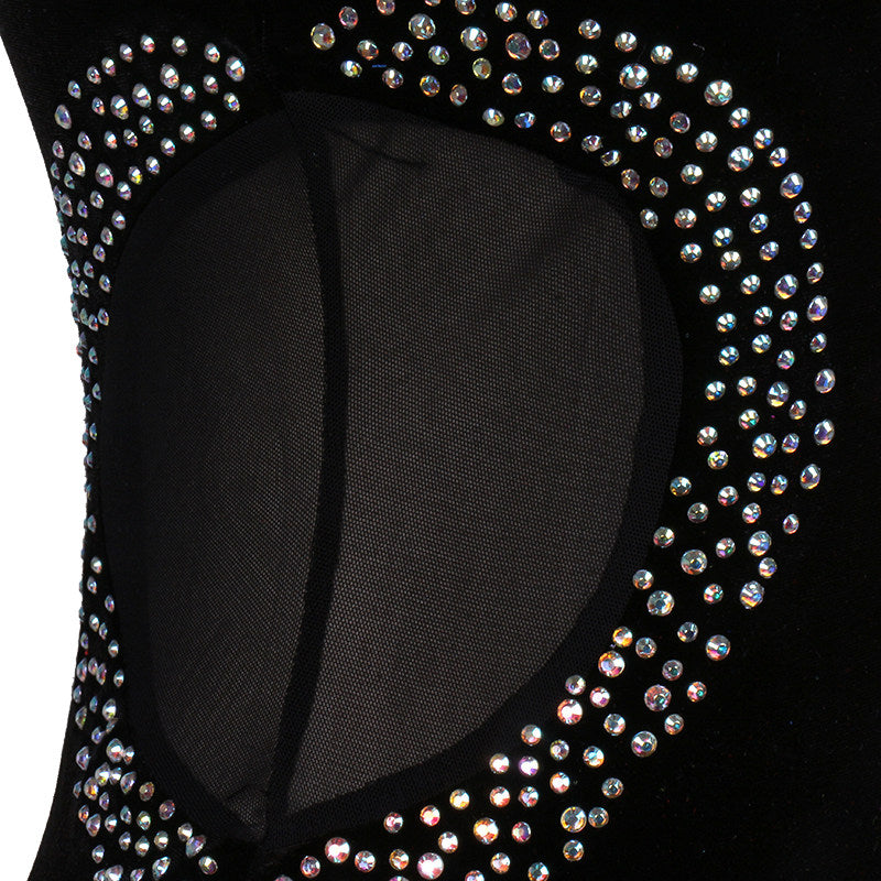 Close view of the rhinestone spray on the sheer waist panel