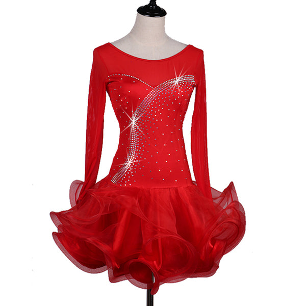 Red long sleeve latin dance dress with curved rhinestone spray and red organza ruffle skirt