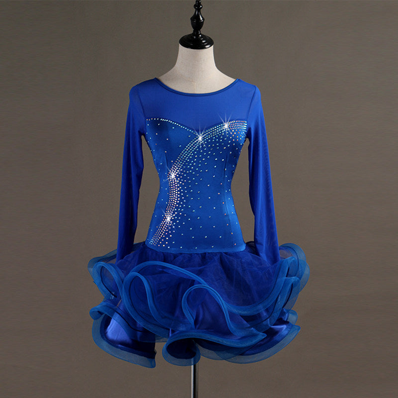 Blue long sleeve latin dance dress with rhinestone spray and blue organza ruffle skirt