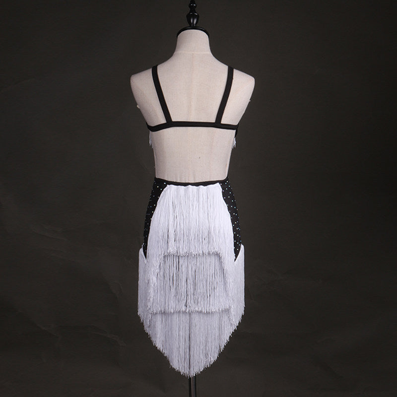 White dense fringe latin dance dress rear view showing the open back and crossed straps