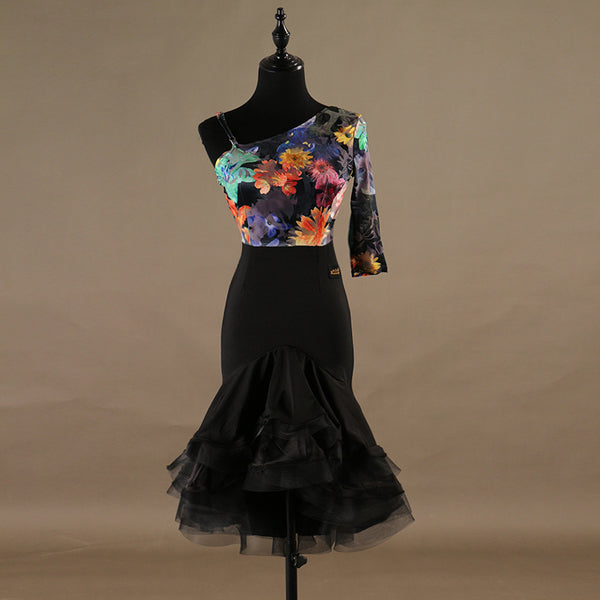 Latin dance dress with a floral print bodice, one shoulder half sleeve and black mermaid ruffle hem