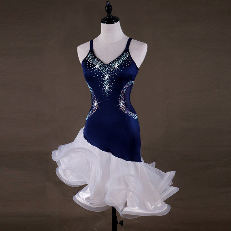 Navy velvet latin dance dress side view with the white ruffle layers