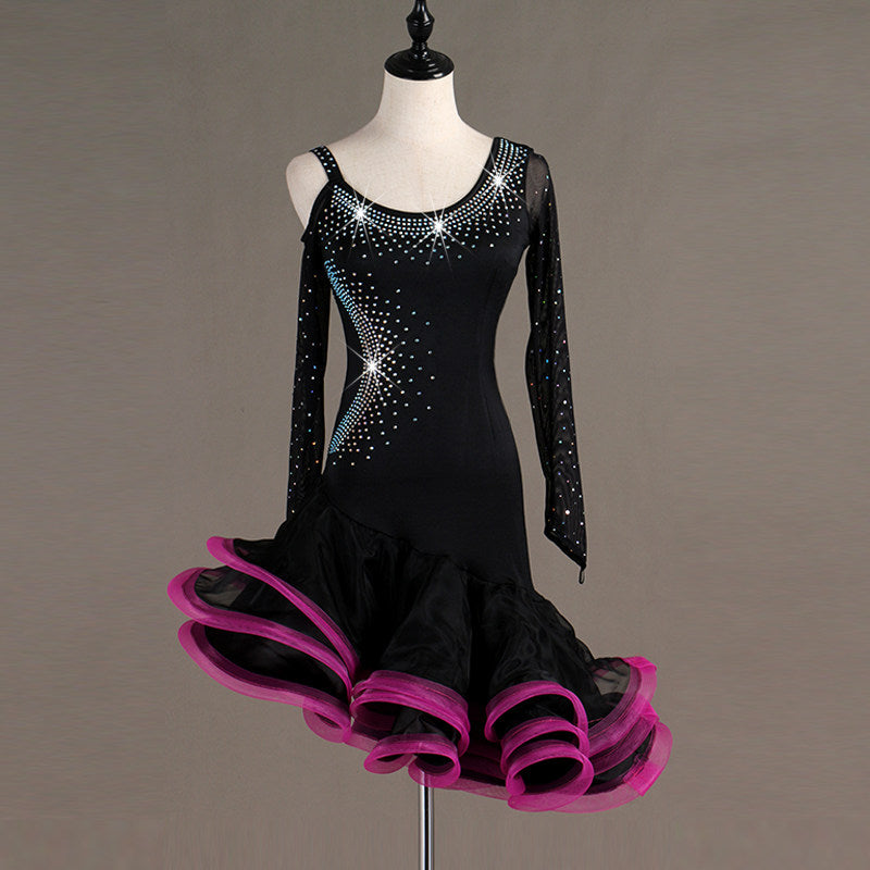 Black rhinestone latin dance dress with rose red curled organza ruffle skirt