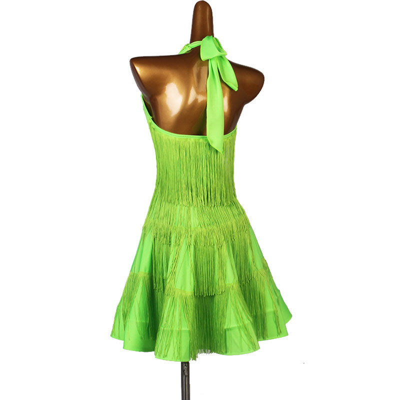 Green crinkle latin dance dress rear view showing the open back and neck tie