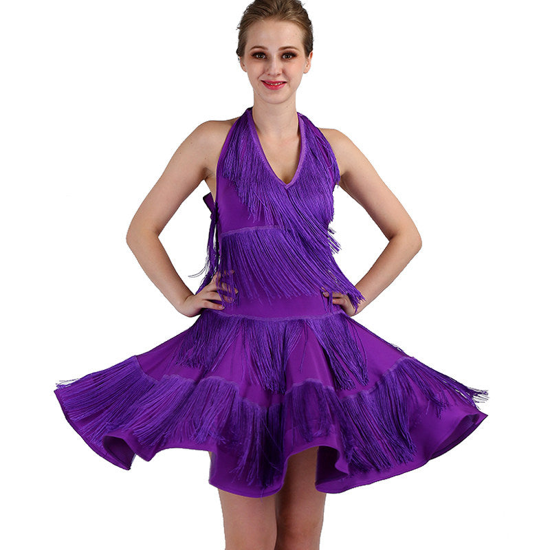 Model wearing the purple crinkle latin dance dress with flared skirt