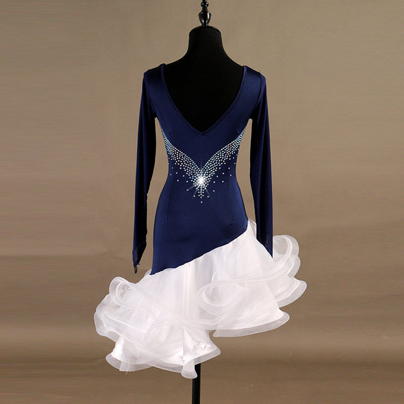 Navy latin dance dress rear view showing the open back and crystal trim