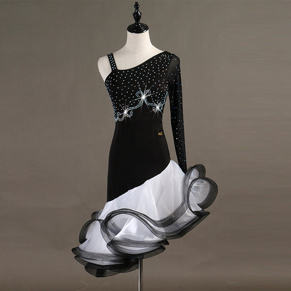 Black latin dance dress with one stoned sleeve and white and grey curled ruffle skirt