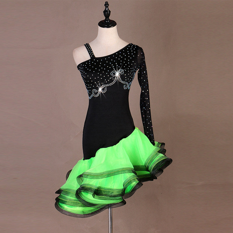 Black latin dance dress with green curled organza ruffle skirt