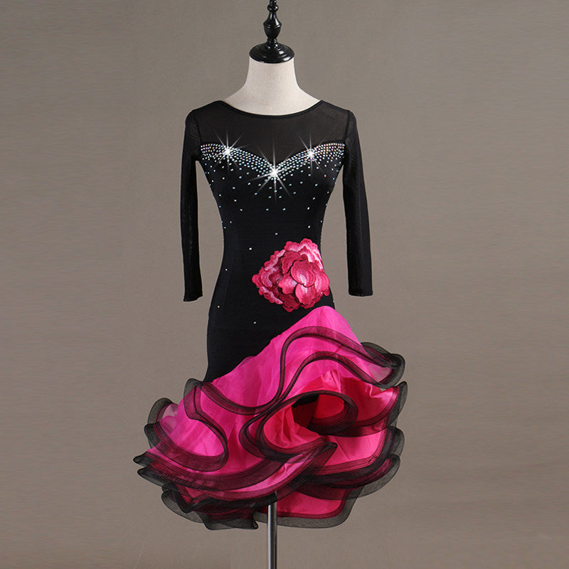 Black latin dance dress with rose red corsage and matching curled organza skirt
