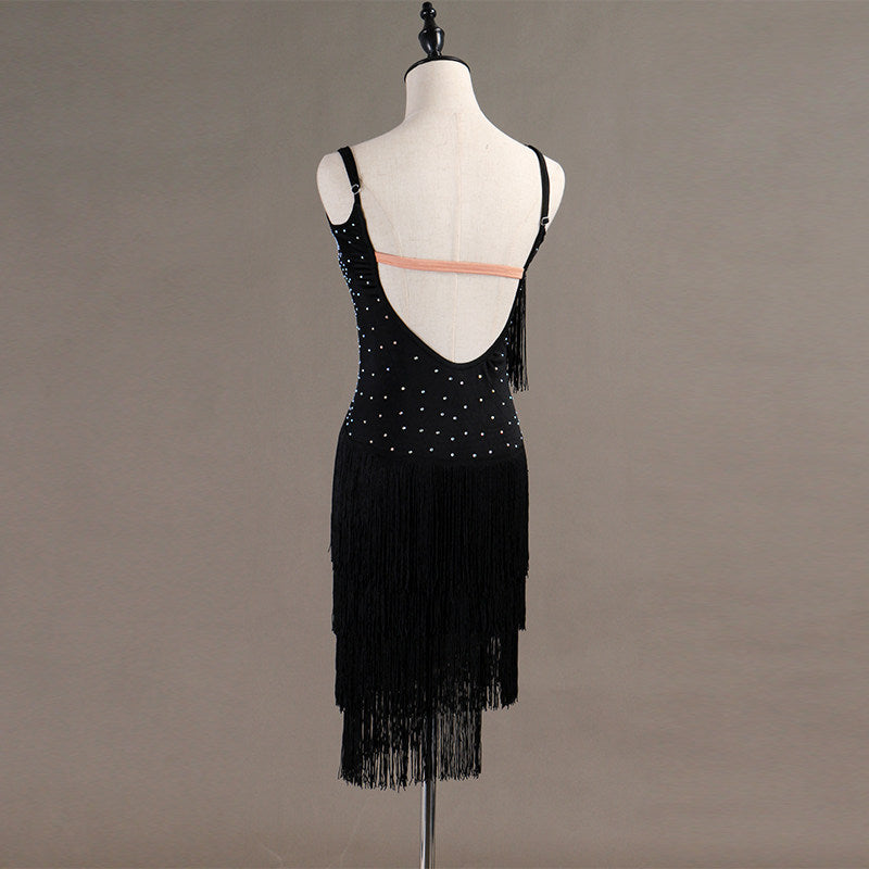Black latin dance dress rear view showing the open back and fringe hem