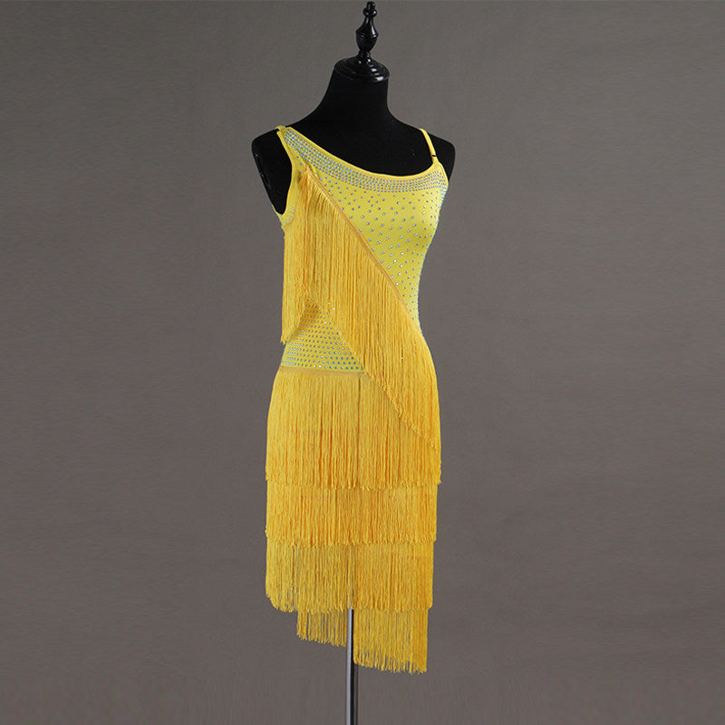 Yellow fringe latin dance dress front view with the asymmetric hem