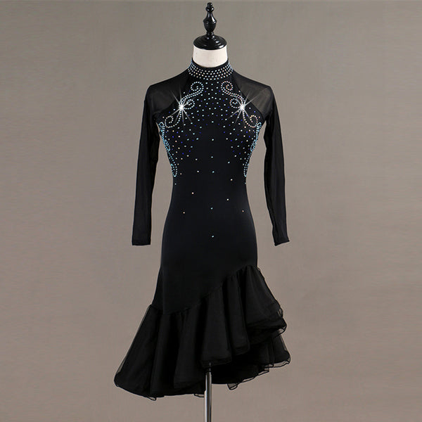 Black latin dance dress with stoned high collar and crystal scroll across the bodice