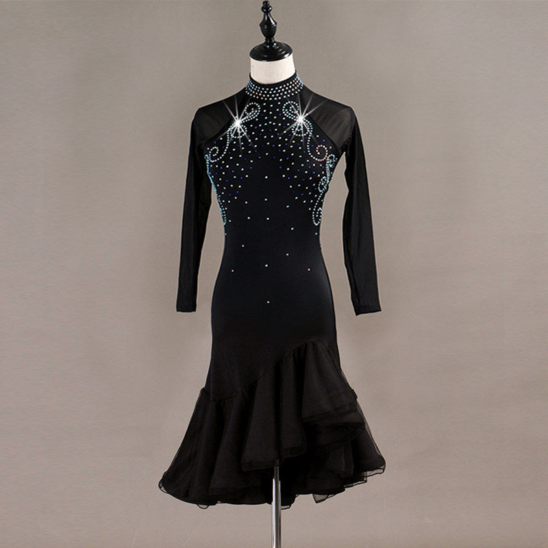 Black latin dance dress front view showing the mesh sleeves and flared hem