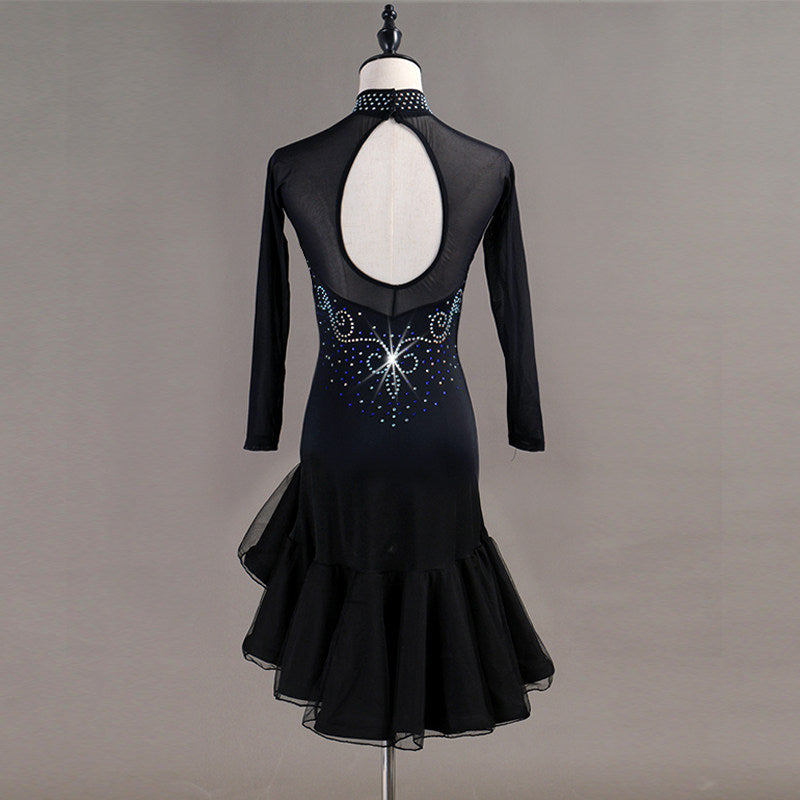 Black latin dance dress rear view with the open oval mesh back