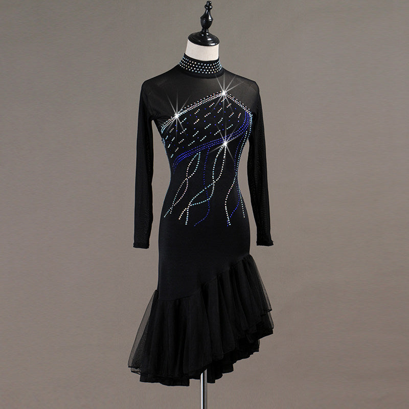 Black latin dance dress front view showing the blue stoned collar and mesh sleeves