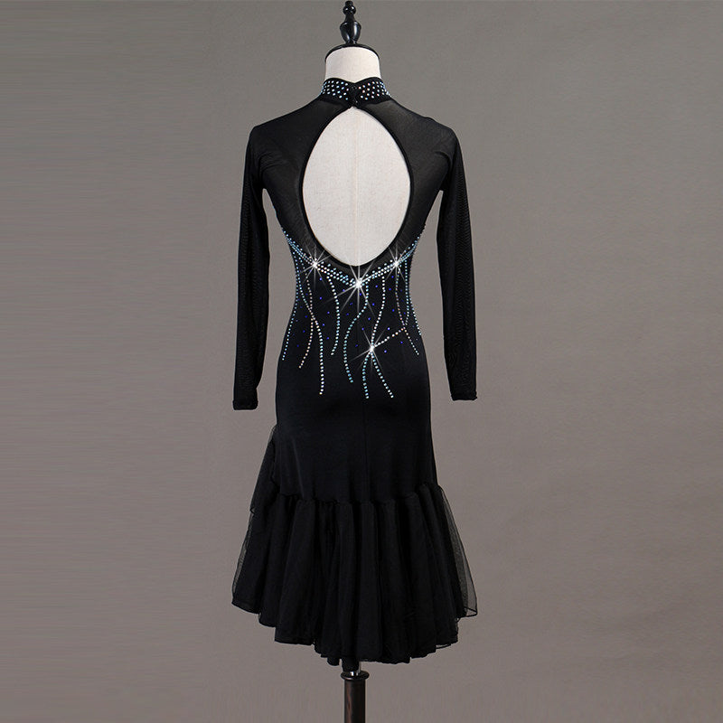 Black latin dance dress rear view showing the bare oval opening below the blue stoned collar