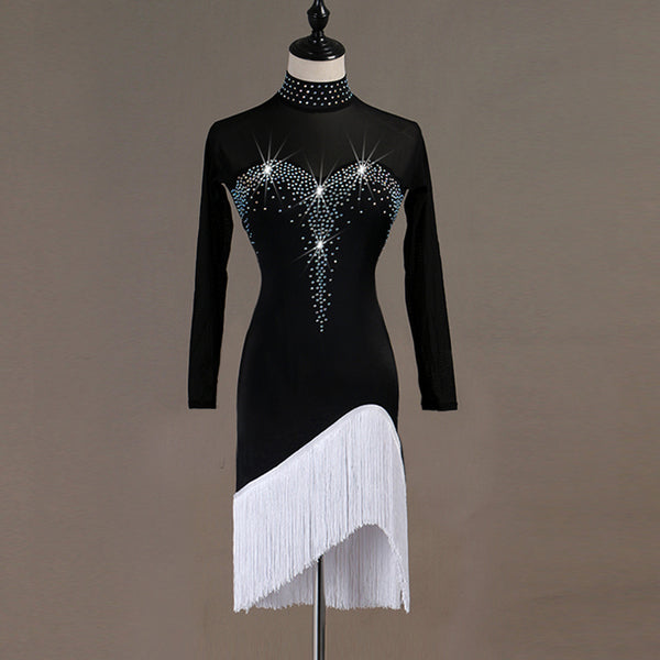 Black latin dance dress with crystal bodice and white tassel fringe in the split hem