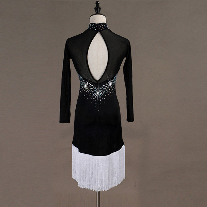 Black latin dance dress rear view with the oval opening above the white fringe hem