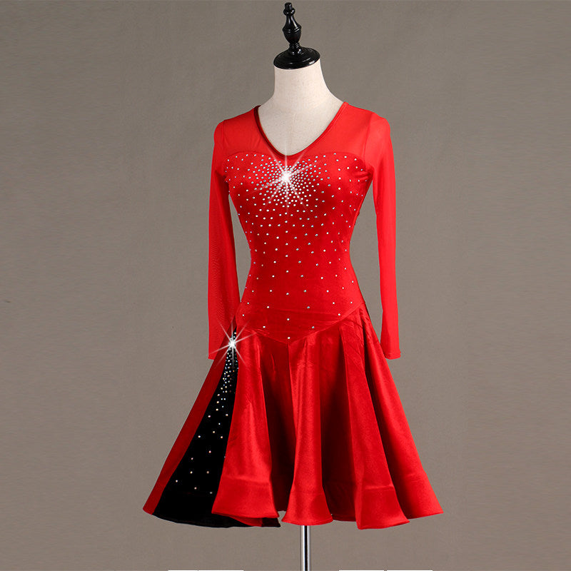 Red latin dance dress front view showing the long sleeves and scattered crystals