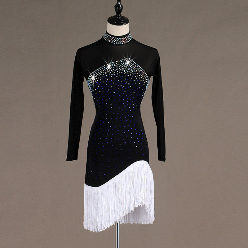 Black latin dance dress with stoned high collar and white asymmetric fringe hem
