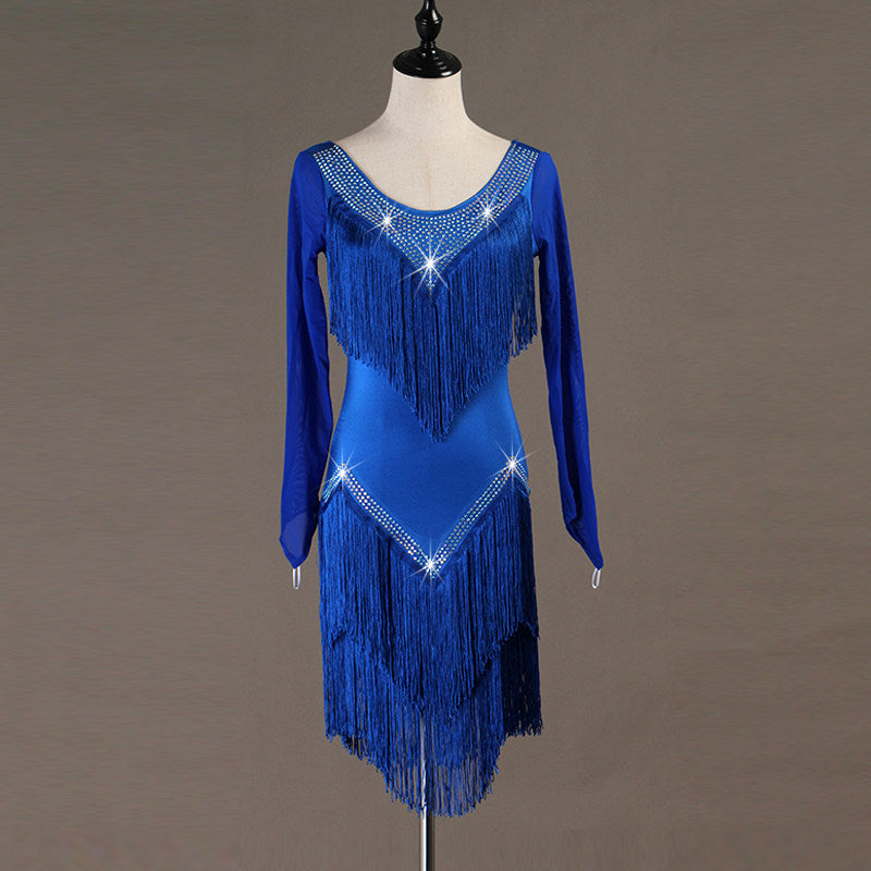Blue latin dance dress with crystal trim and layered tassel fringe skirt