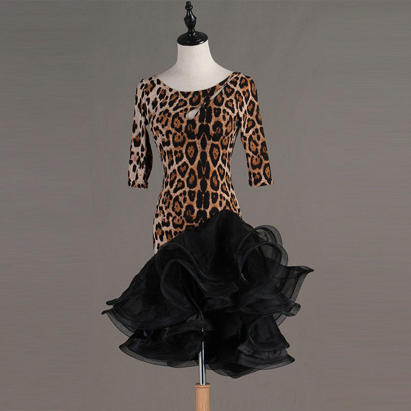 Leopard print latin dance dress angled view showing the ruffle layers