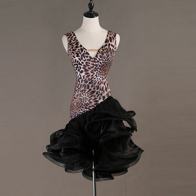 Leopard print latin dance dress with black curled organza ruffle skirt