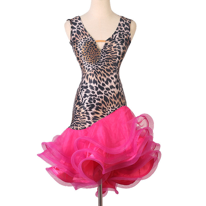 Leopard print latin dance dress with rose red curled organza skirt