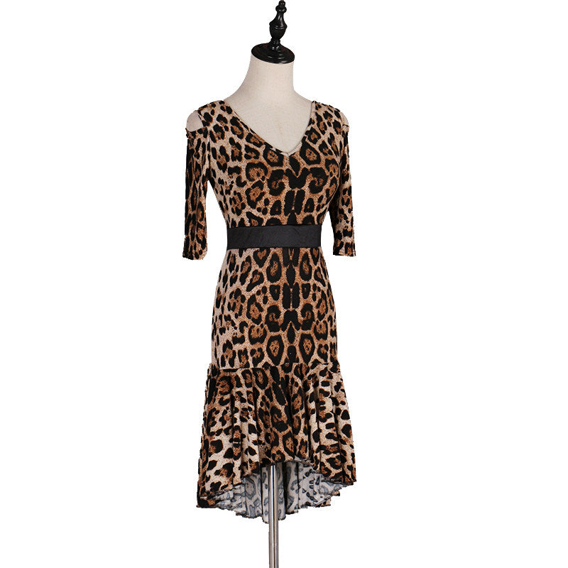 Leopard print latin dance dress front view showing the belted waist