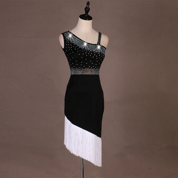 Black latin dance dress with stoned asymmetric straps and white diagonal fringe hem
