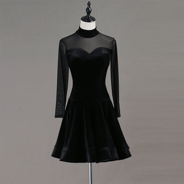 Black velvet latin dance dress with sheer mesh high neck yoke and flared skirt