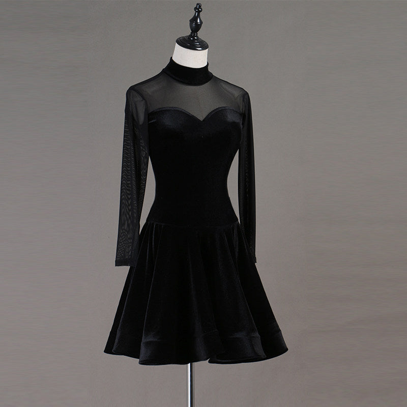 Black velvet latin dance dress front view with the flared ruffle hem