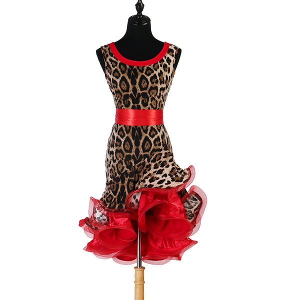 Leopard print latin dance dress with red satin sash and red curled organza hem