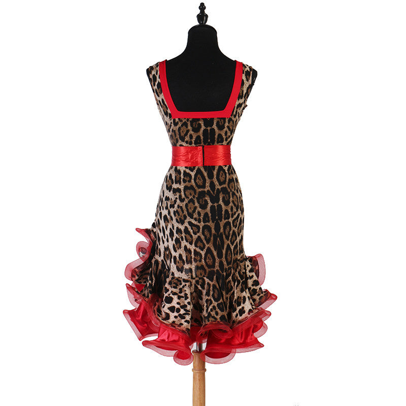 Leopard print latin dance dress rear view showing the tied satin sash
