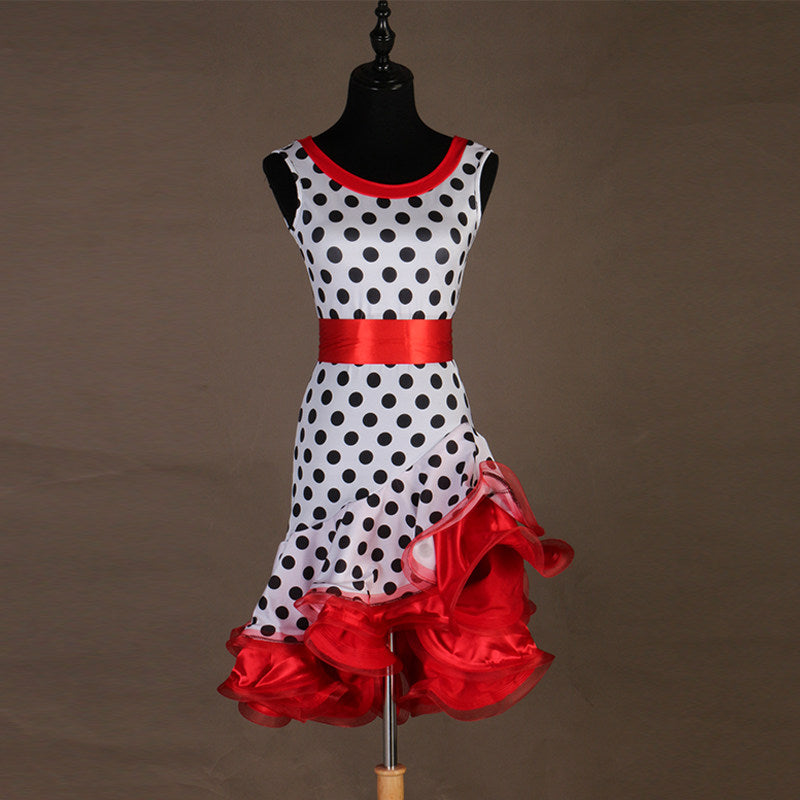 Polka dot latin dance dress with red satin sash and red organza ruffle hem