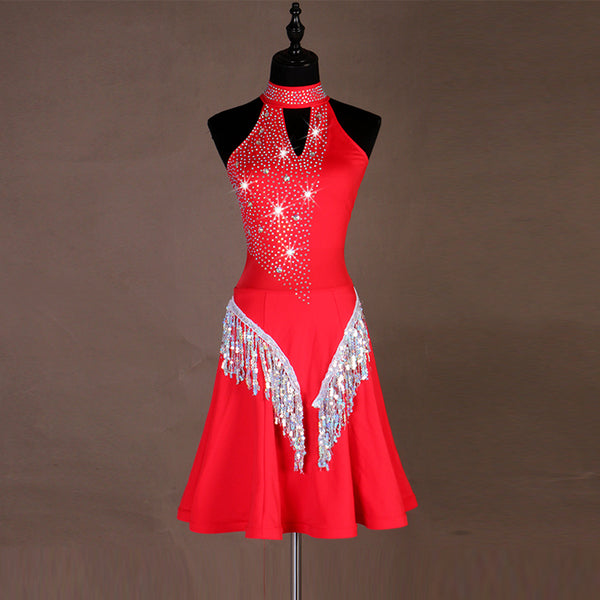 Red latin dance dress with stoned halter collar and silver sequin fringe at the hips