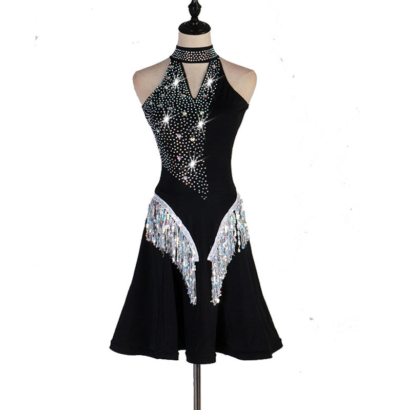 Black latin dance dress with stoned keyhole halter and sequin fringe V