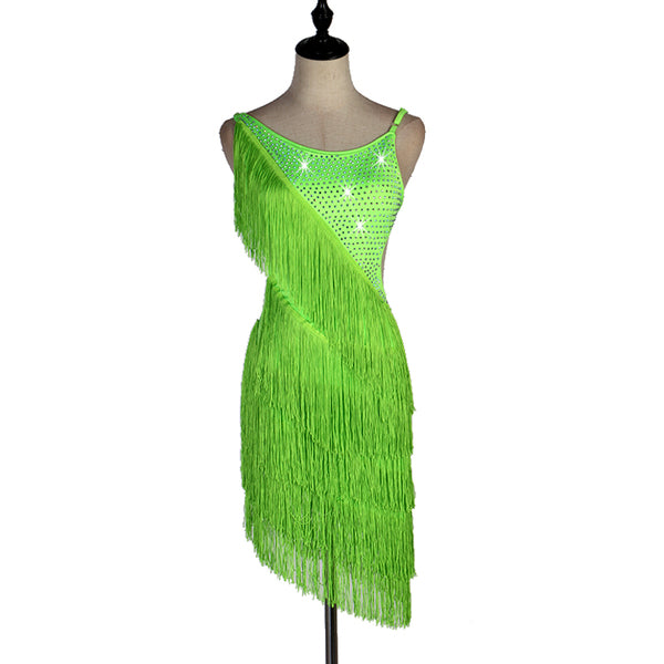 Green latin dance dress with a single diagonal tassel fringe sweep and stoned strap