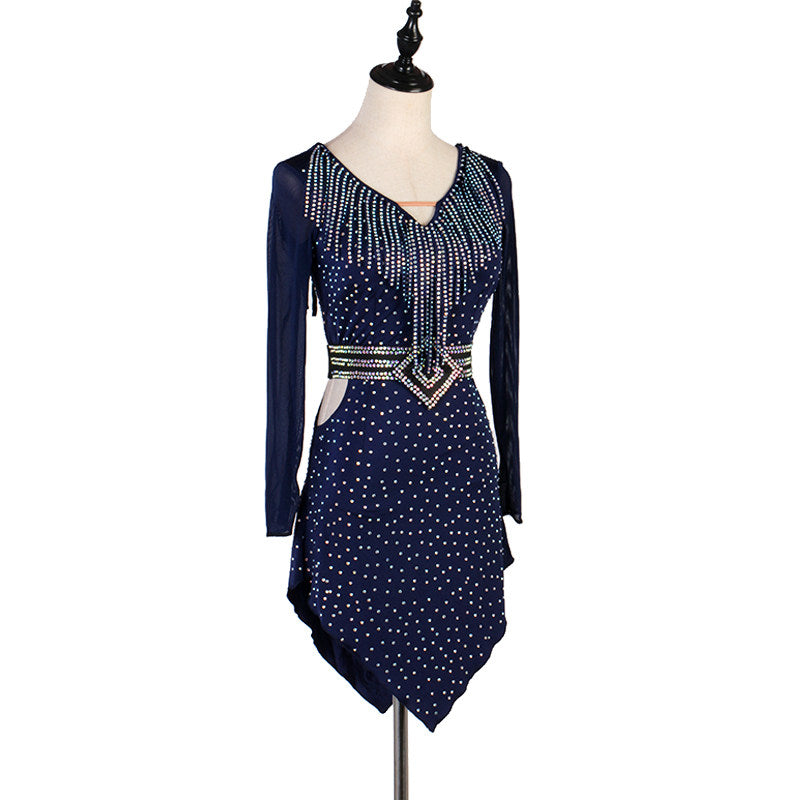 Navy latin dance dress angled view showing the stones scattered over the skirt