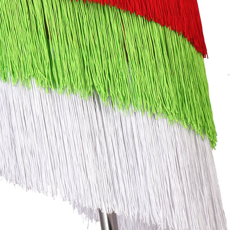 Close view of the green, red and white fringe bands at the hem