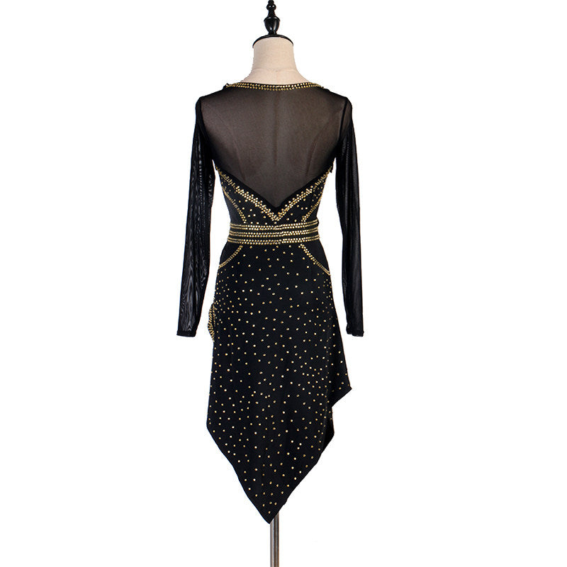 Black gold stud latin dance dress rear view showing the mesh back