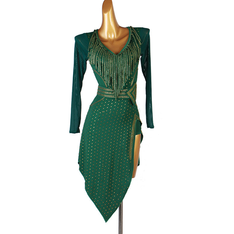 Green latin dance dress with gold studwork down the V bodice
