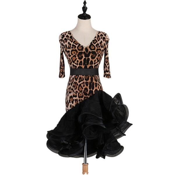 Leopard print latin dance dress with black belt and deep black organza hem