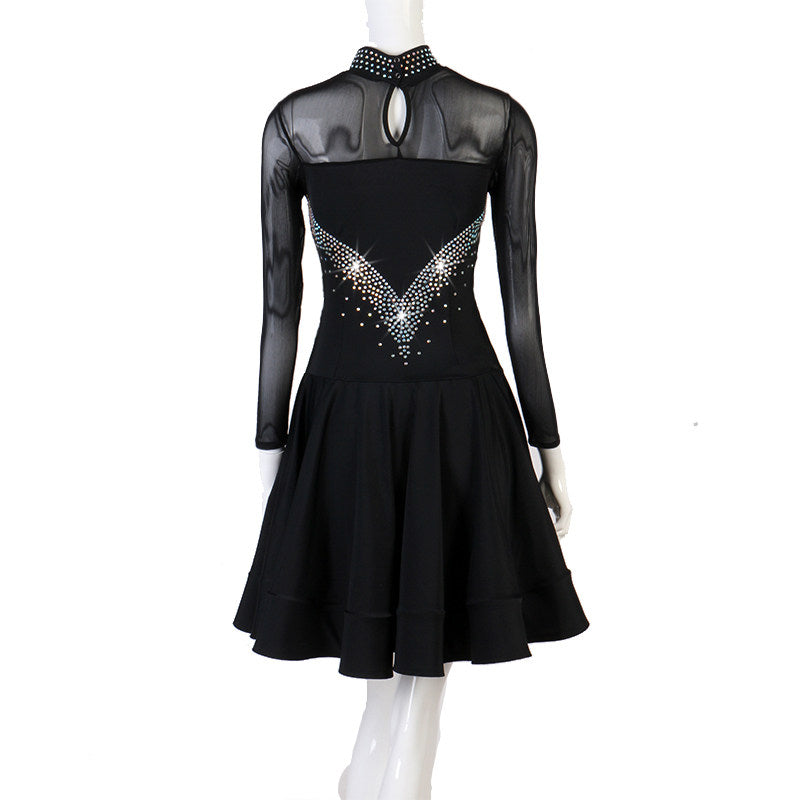 Black latin dance dress rear view showing the keyhole collar opening