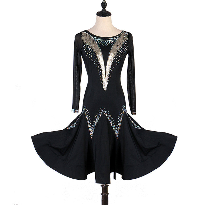 Black bugle bead latin dance dress angled view showing the beadwork move
