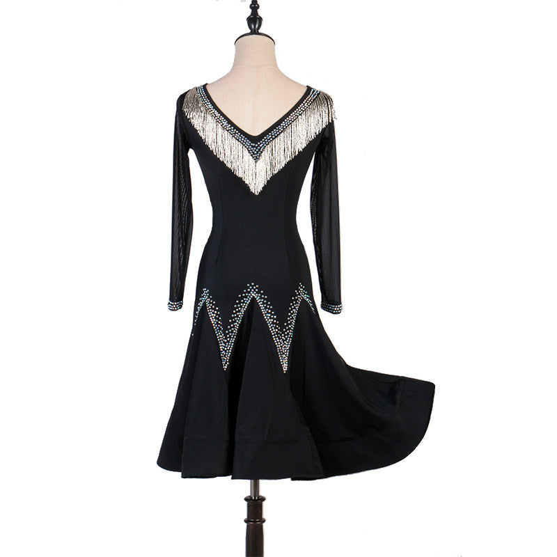 Black bugle bead latin dance dress side view with the flared hem