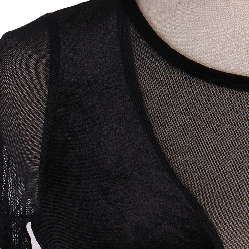Close view of the sheer panel meeting the velvet bodice