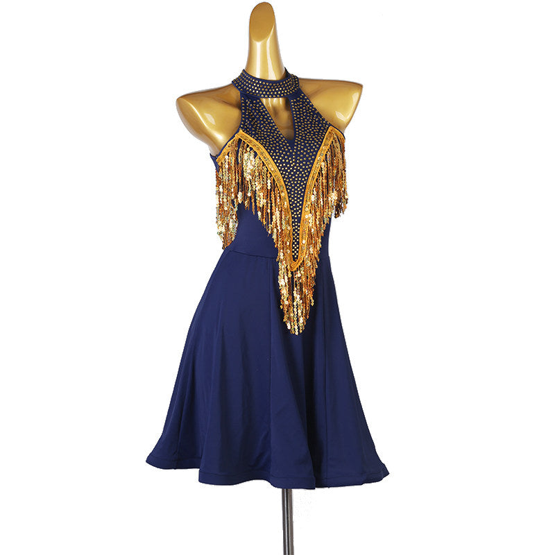 Navy latin dance dress with gold sequin fringe across the chest